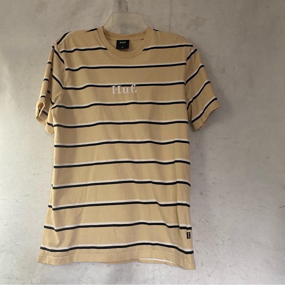 Huf  Horizontal Tan Stripe Crew Neck Tee Shirt